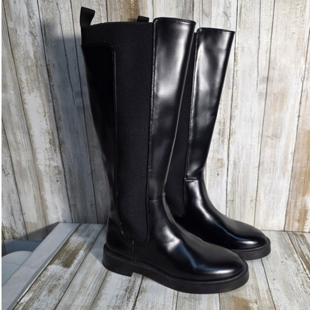H&M Black Faux Leather Knee High Boots Chunky Sole Elastic Panel Size 38 - Picture 9 of 9